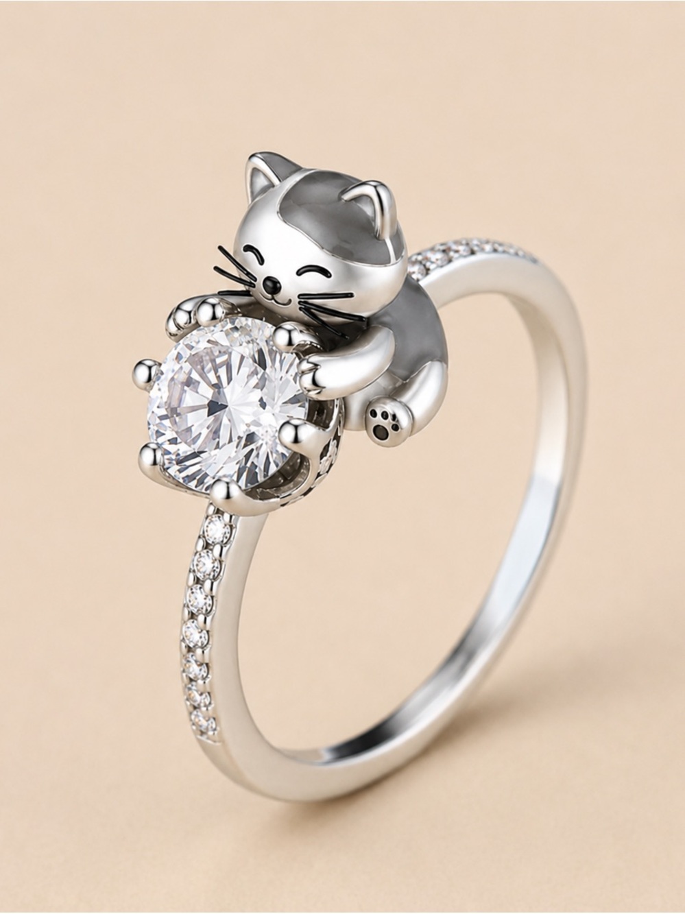 Silver Cat Crystal Ring - Cute Cat Paw Cocktail Ring